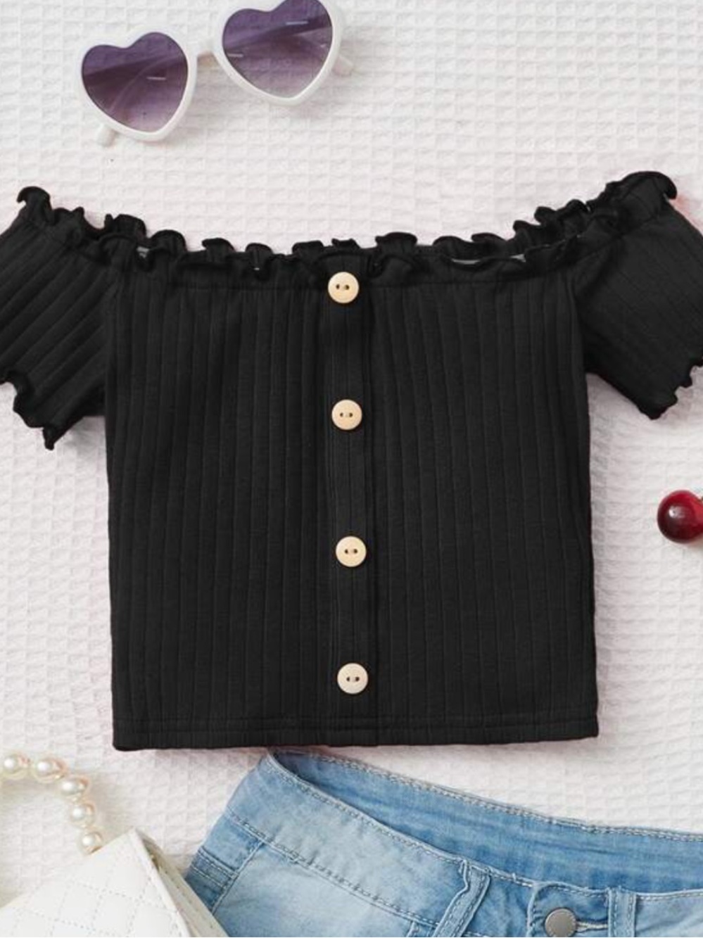 Aeropostale Black Off-Shoulder Ribbed Button Crop Top